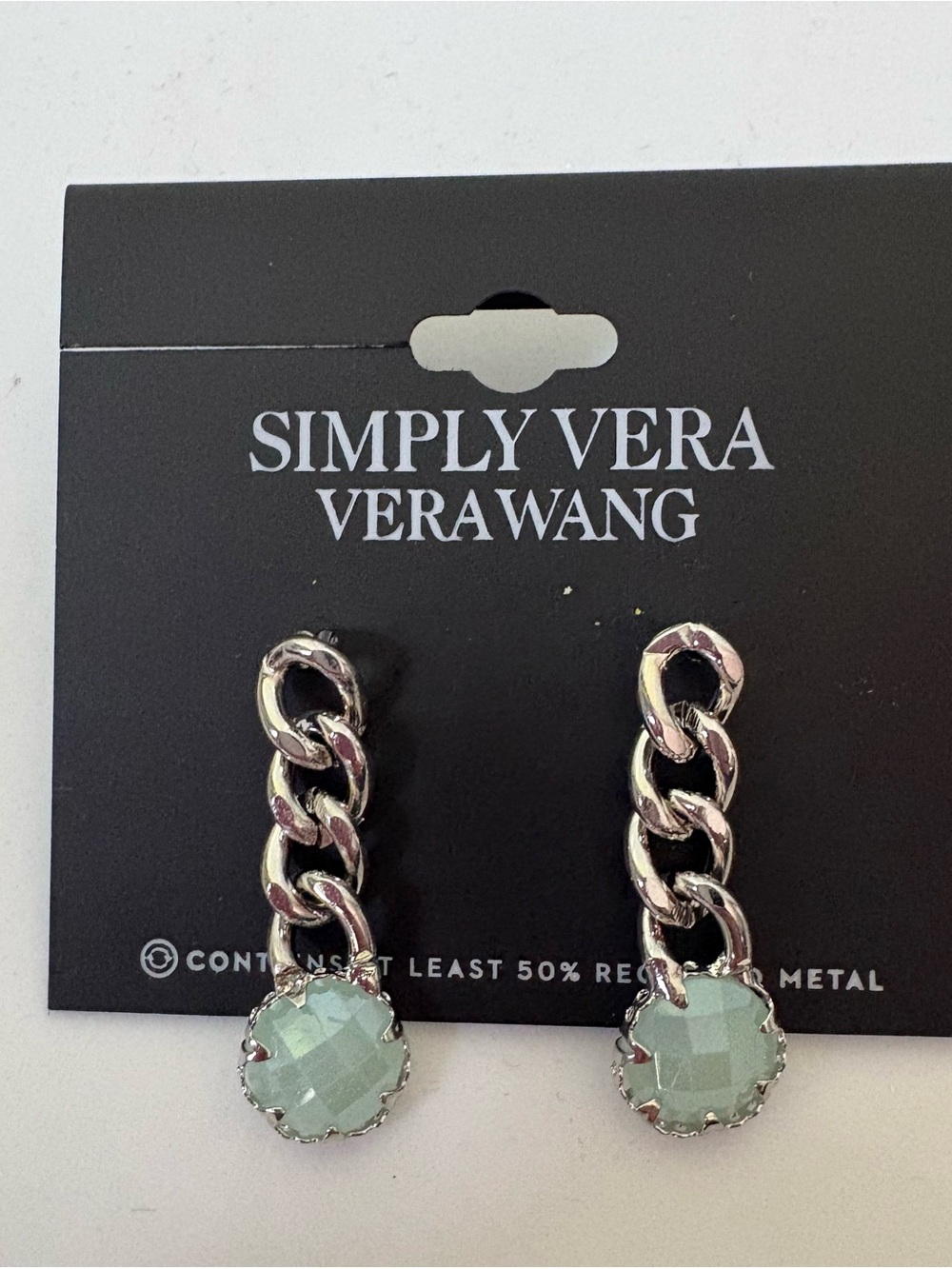 Simply Vera Vera  Wang Silver Tone post Chain Earrings  Green Stone Accent New